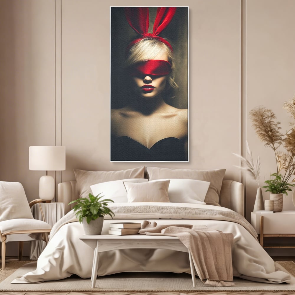 Tablou canvas cu tablou canvas cu femeie si urechi de iepuras, in rama de aluminiu argintiu, pe perete intr-un dormitor